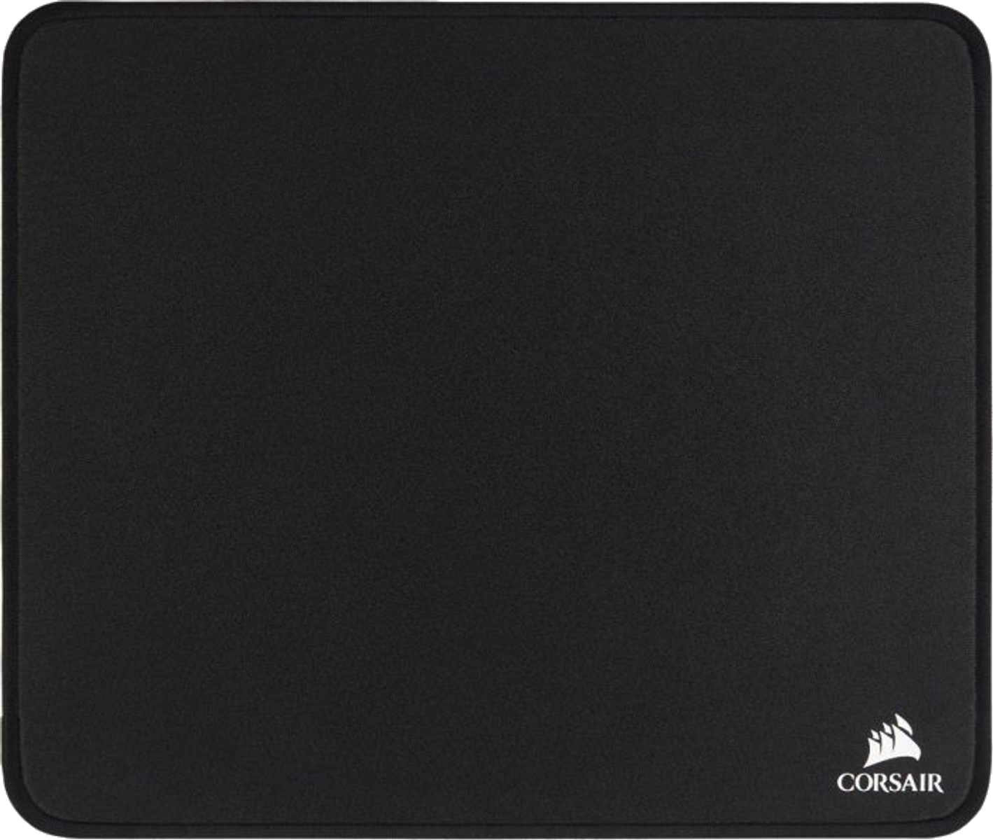 Czarna podkładka pod mysz Corsair, gładka, z logo Corsair w rogu.
