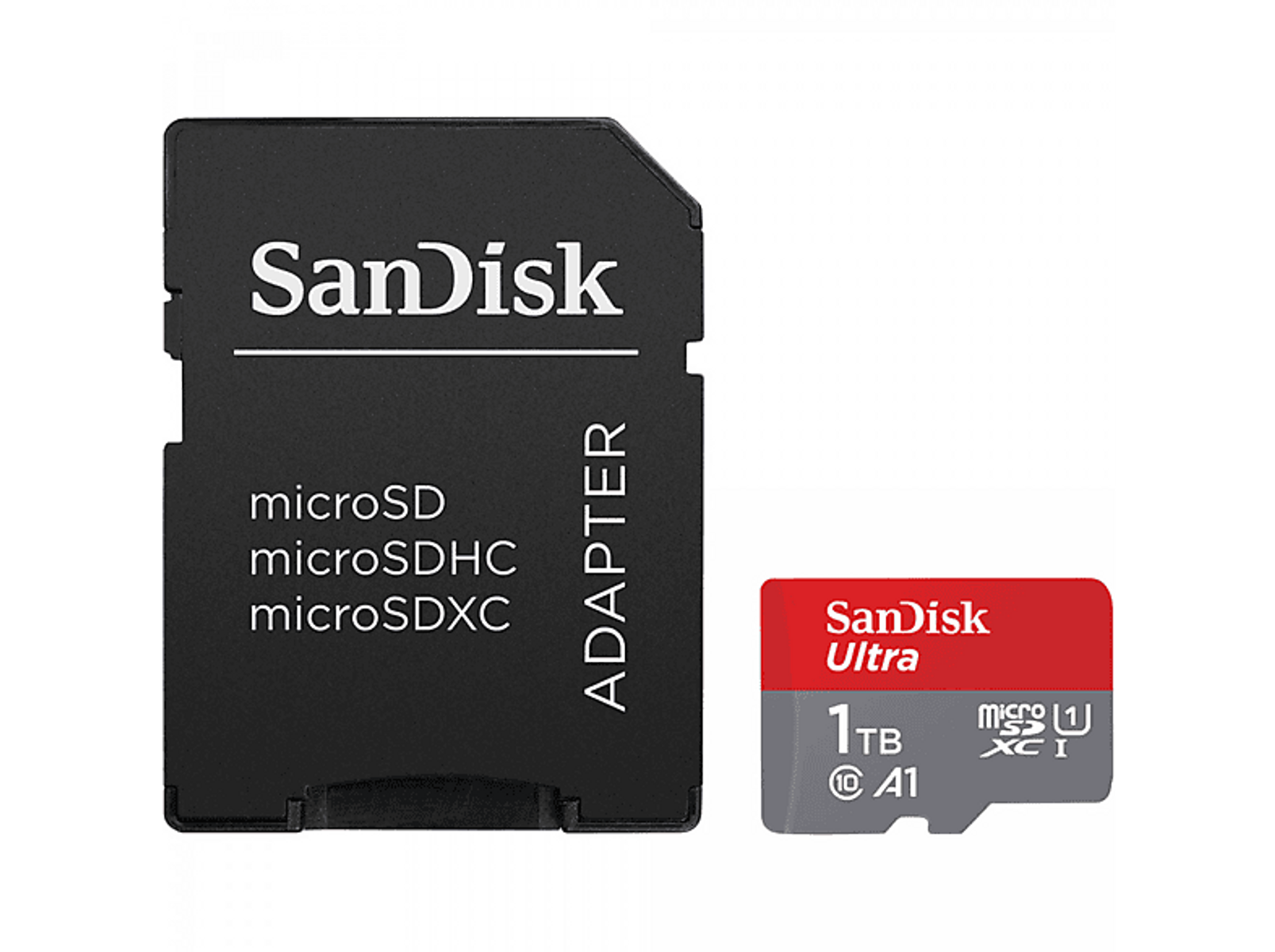 Adaptateur de carte SD noir et une carte micro SD rouge et noire avec la marque Sandisk.