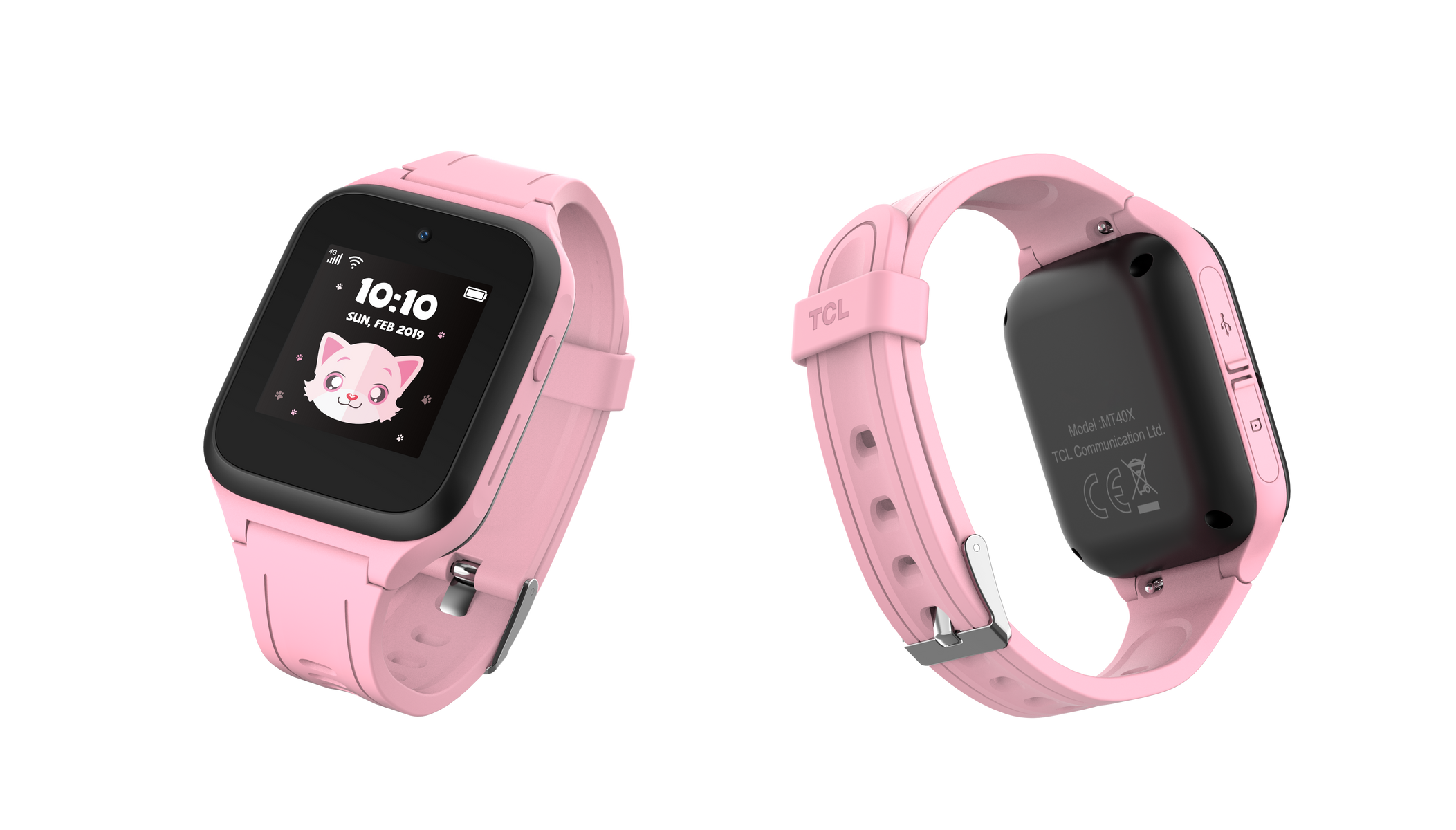 Pinke TCL Kinder-Smartwatch, zwei Ansichten zeigen Zifferblatt und Rückseite.