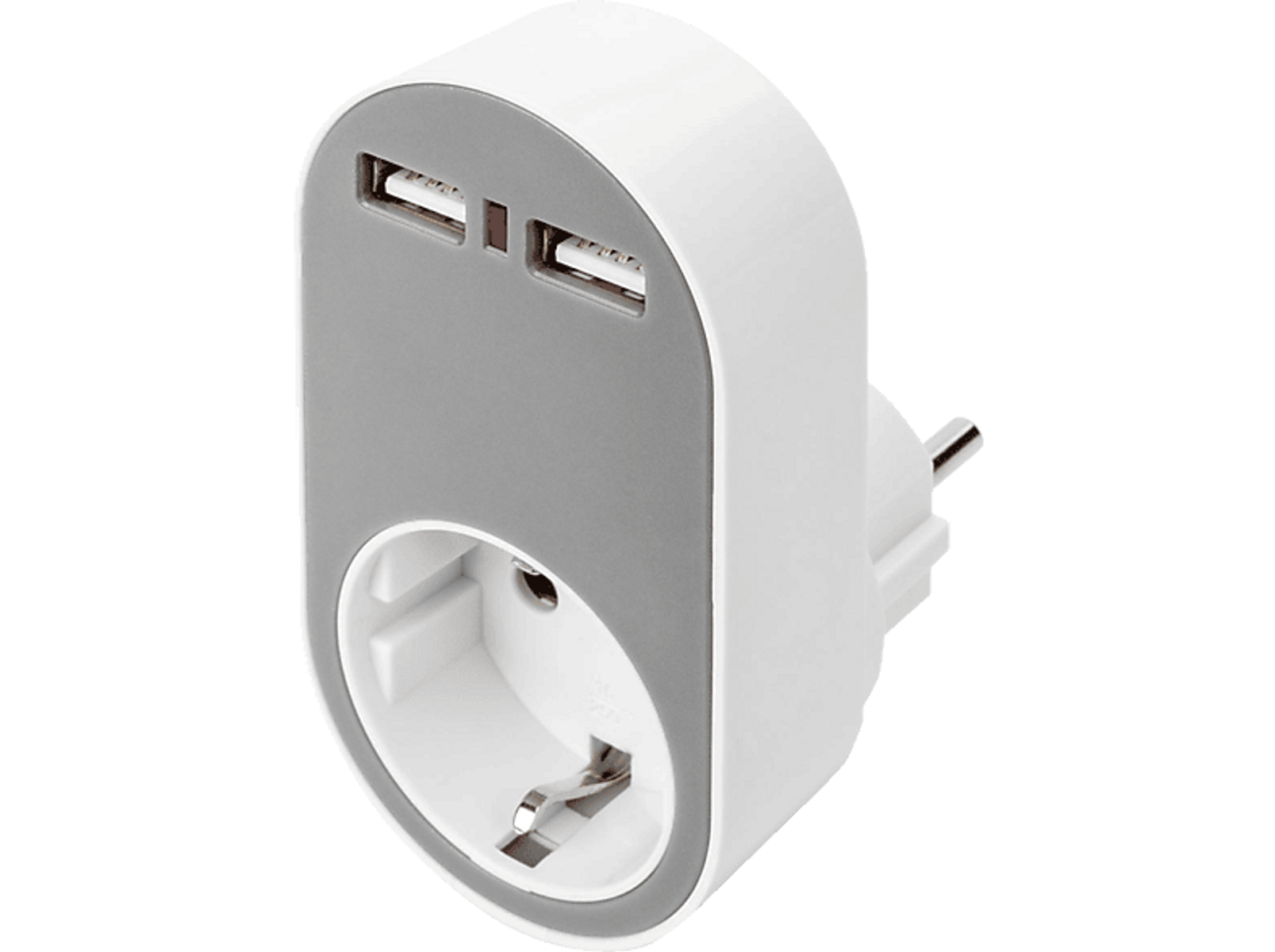 Weiß-grauer Wandadapter mit zwei USB-Anschlüssen und einer Steckdose, schräge Ansicht.