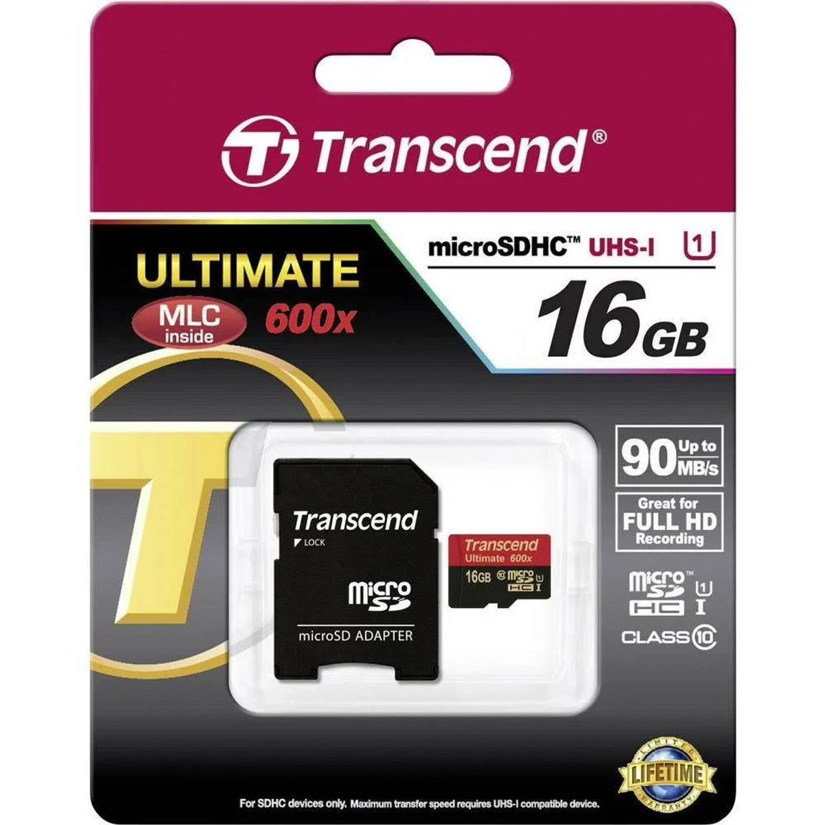 Karta microSD Transcend w opakowaniu. Czerwono-białe opakowanie. Pojemność 16GB. Zawiera adapter. Widoczny tekst.