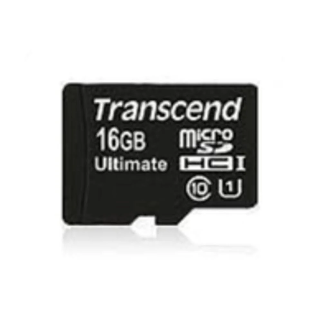 Czarna karta micro SD Transcend 16 GB, na białym tle, z tekstem i logo.