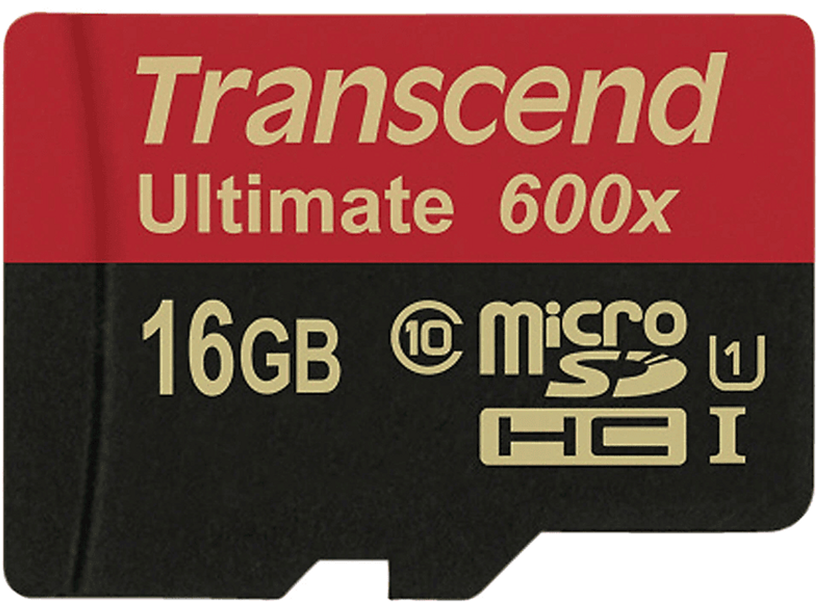 Czarna i czerwona karta SD z marką Transcend i tekstem 16GB.