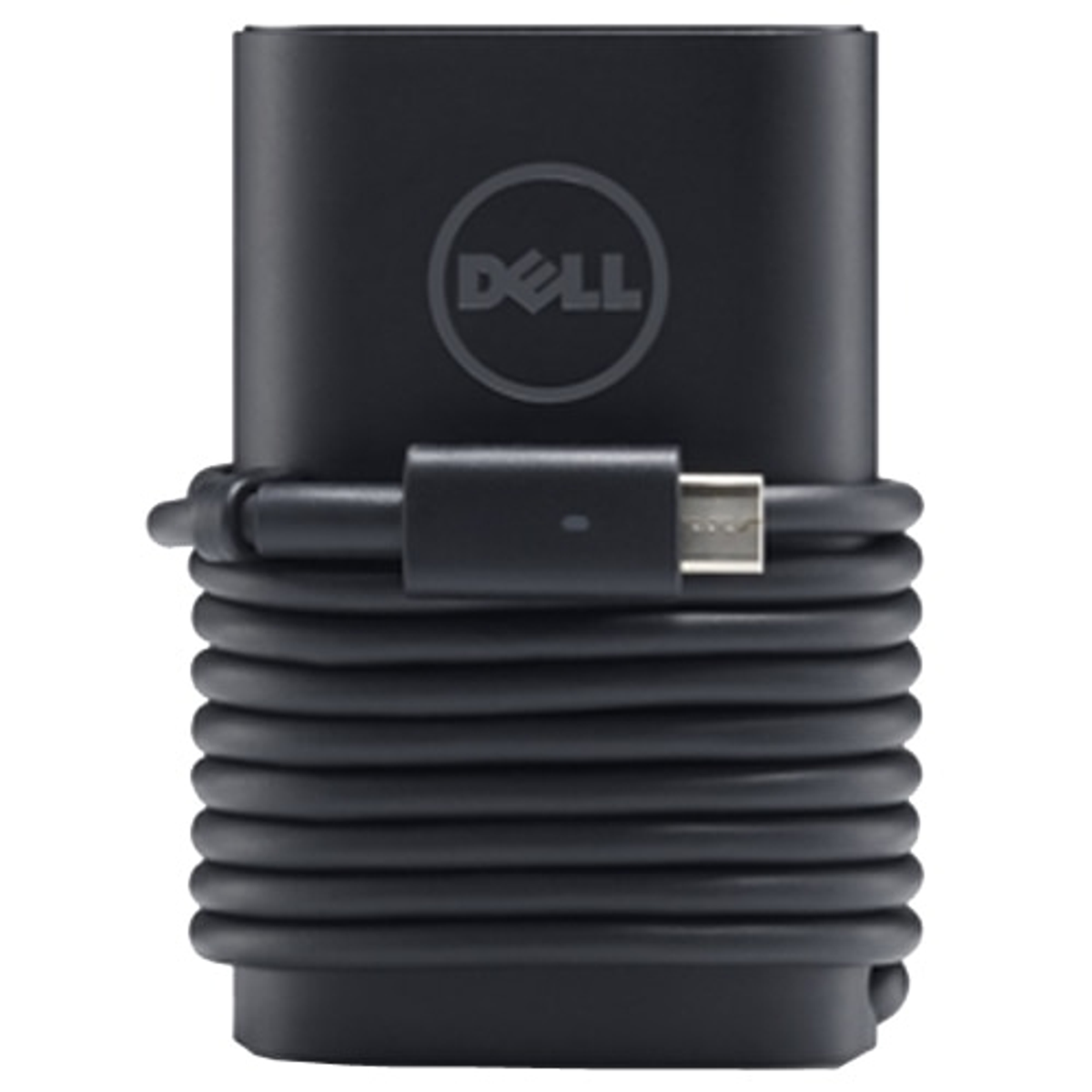 Schwarzes Dell Laptop-Ladegerät mit aufgerolltem Kabel und USB-C-Anschluss. Dell-Logo sichtbar.
