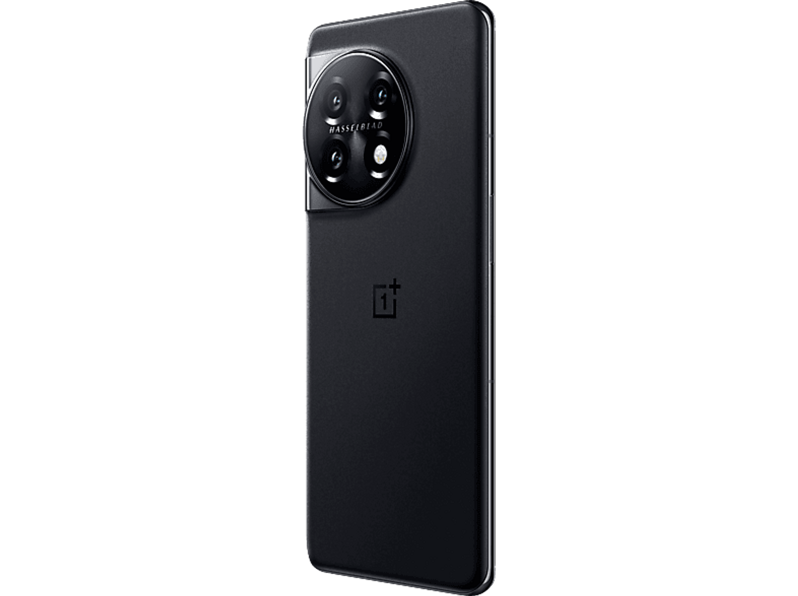 Black OnePlus phone with a Hasselblad camera and OnePlus logo on back.