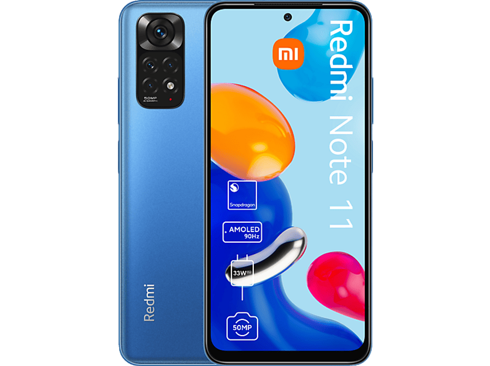 Niebieski smartfon Redmi Note 11 pokazujący przód i tył, na białym tle.