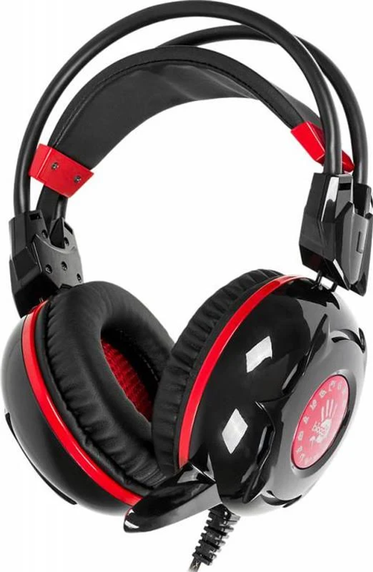 Cuffie da gioco nere e rosse con logo rosso sul padiglione auricolare, collegate a un cavo.
