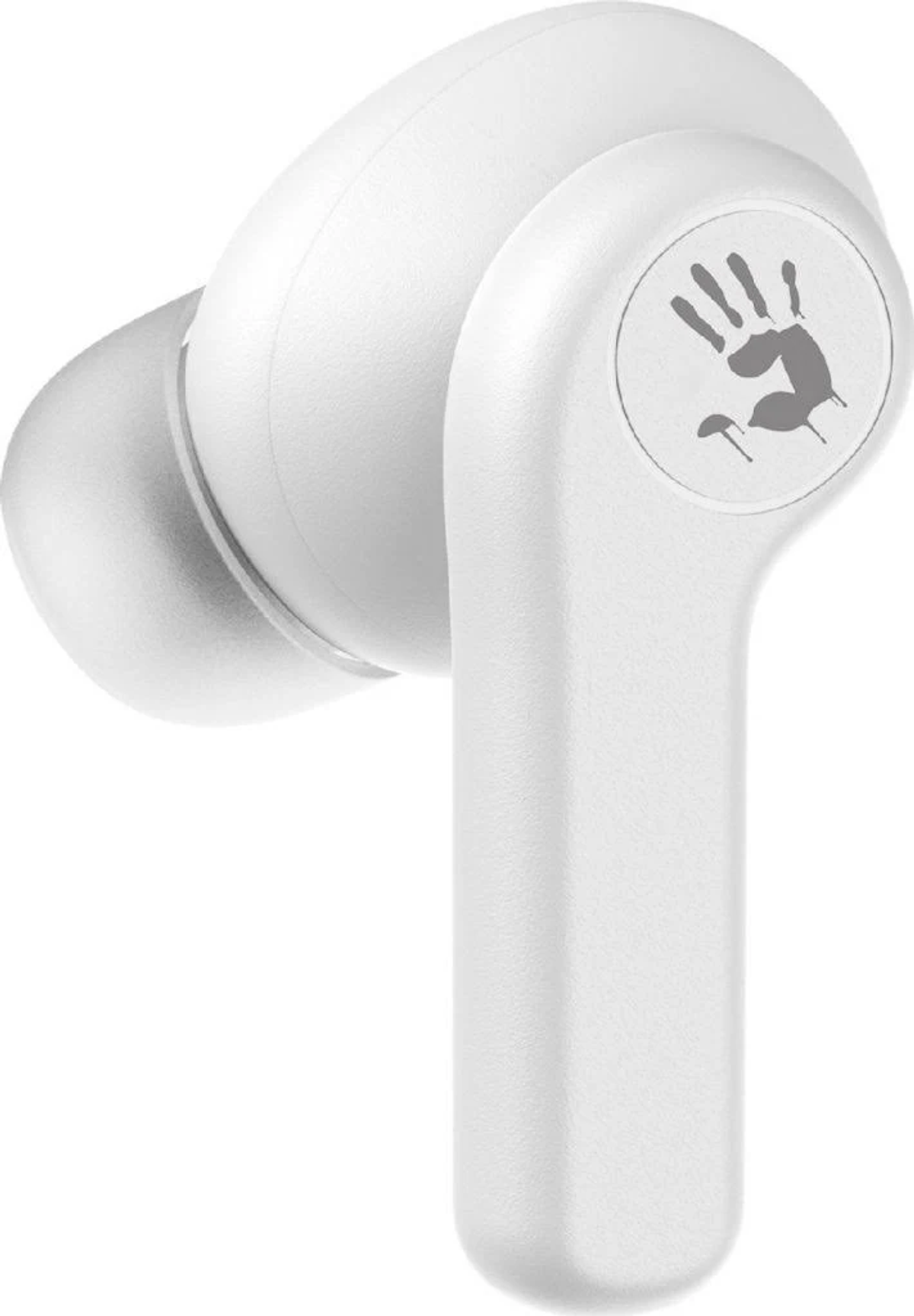 Un auricolare bianco con un logo a mano. È un primo piano su sfondo bianco.