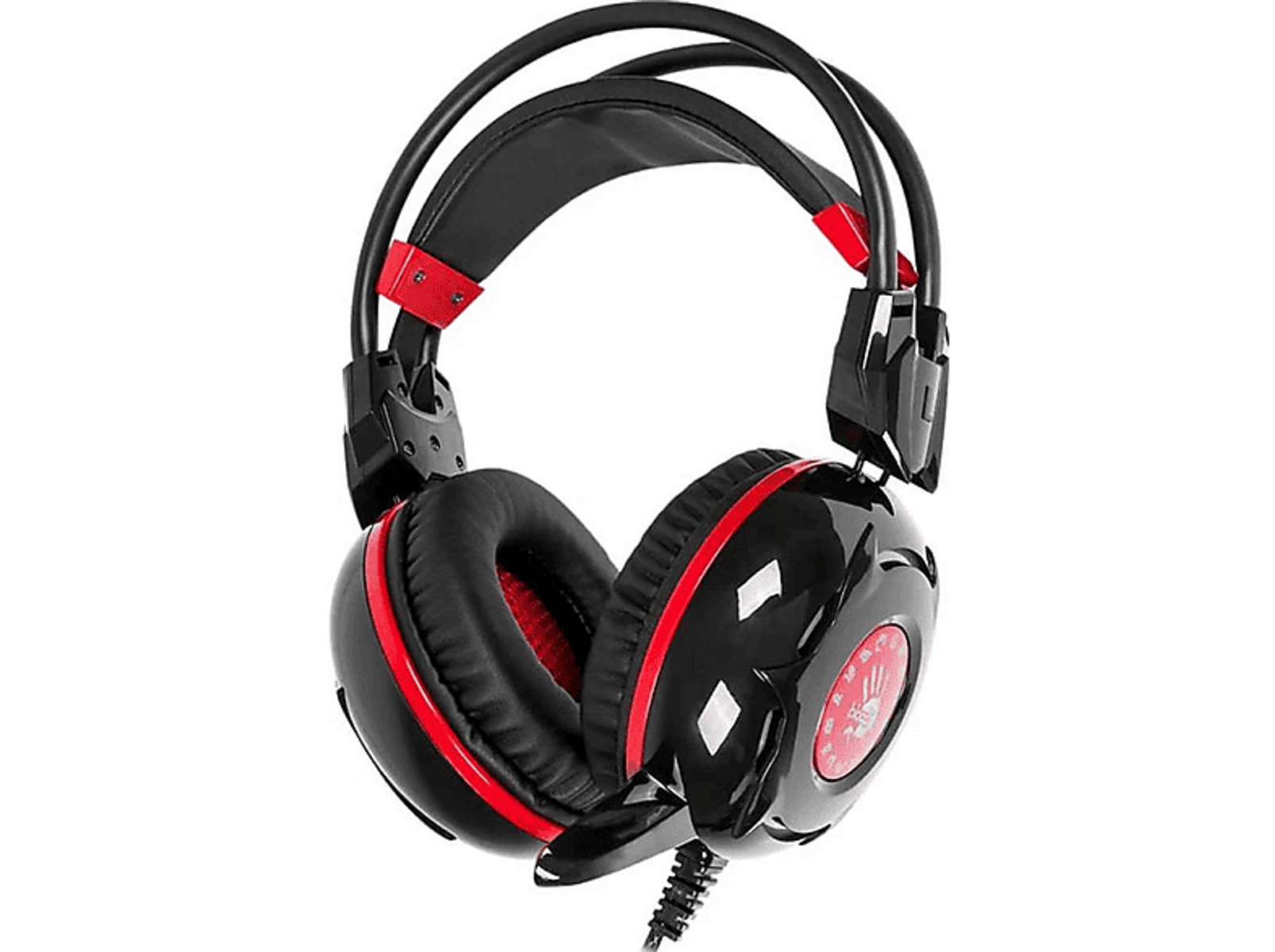 Cuffie da gaming nere e rosse. Hanno padiglioni, archetto e cavo.
