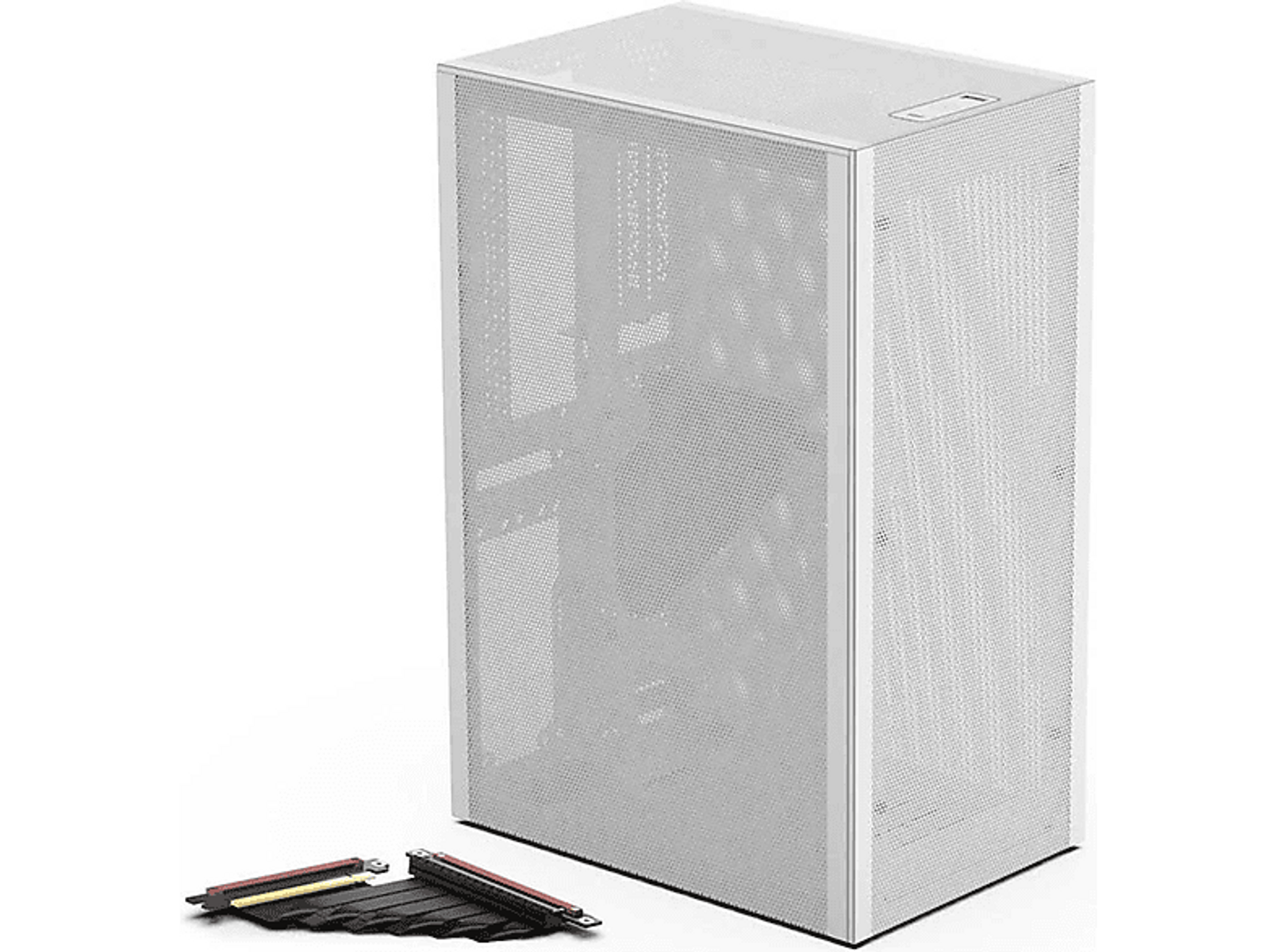 Ein weißes Computergehäuse mit Mesh-Frontblende und im Hintergrund sichtbaren zusätzlichen Komponenten.