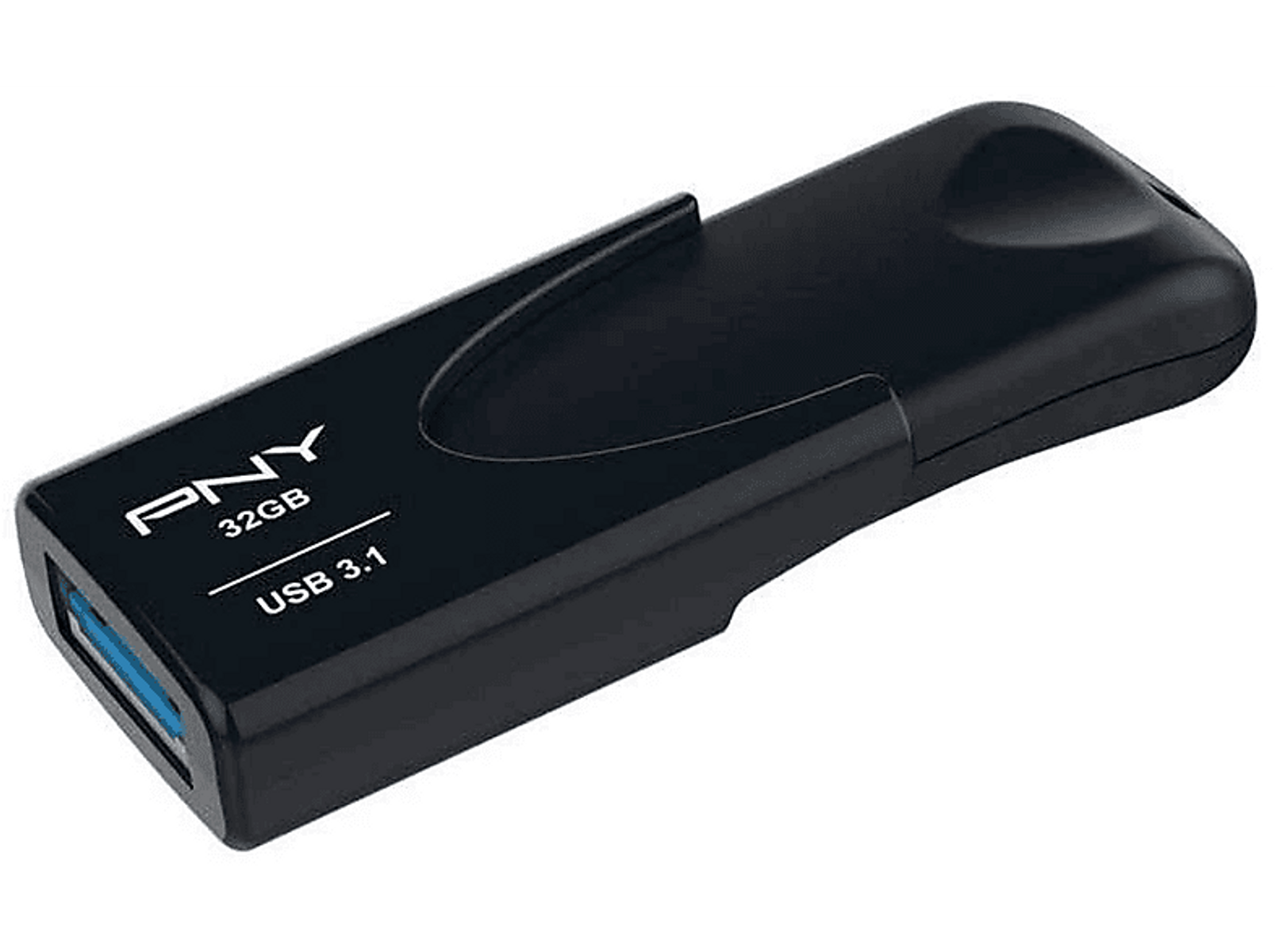 Czarny pendrive PNY 32GB USB 3.1. Port USB jest niebieski.