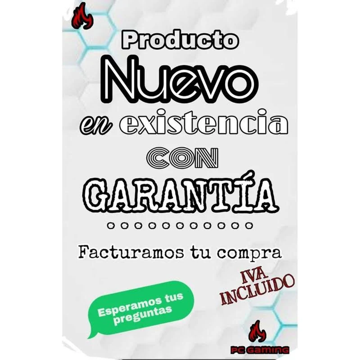 Plakat z tekstem w języku hiszpańskim: 'Nuevo' (nowy), 'Garantía' (gwarancja) i 'IVA INCLUIDO' (VAT wliczony).