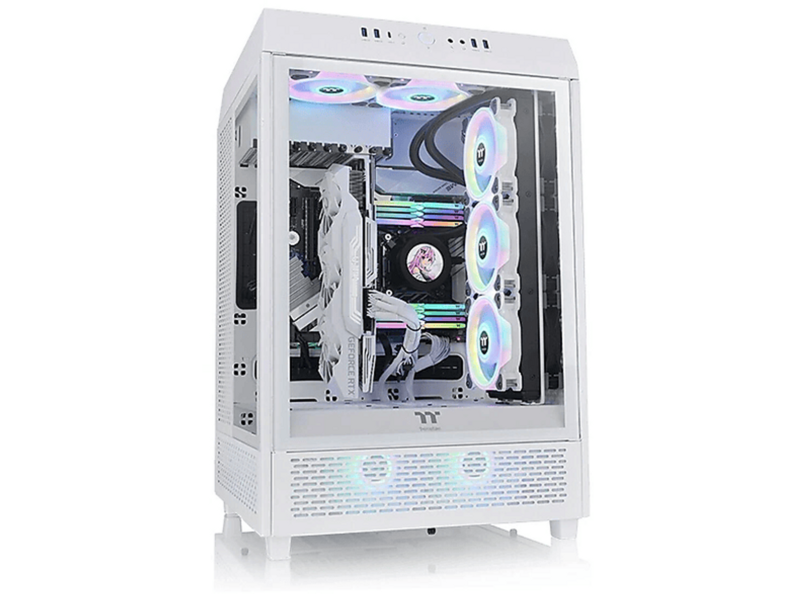 Biała obudowa PC ze szklanym panelem, wentylatory z oświetleniem RGB, widoczne komponenty.