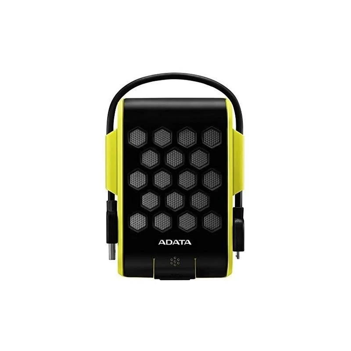 Czarny i żółty głośnik z uchwytem. Przód ma wzór kratki i widoczna jest nazwa marki 'ADATA'.