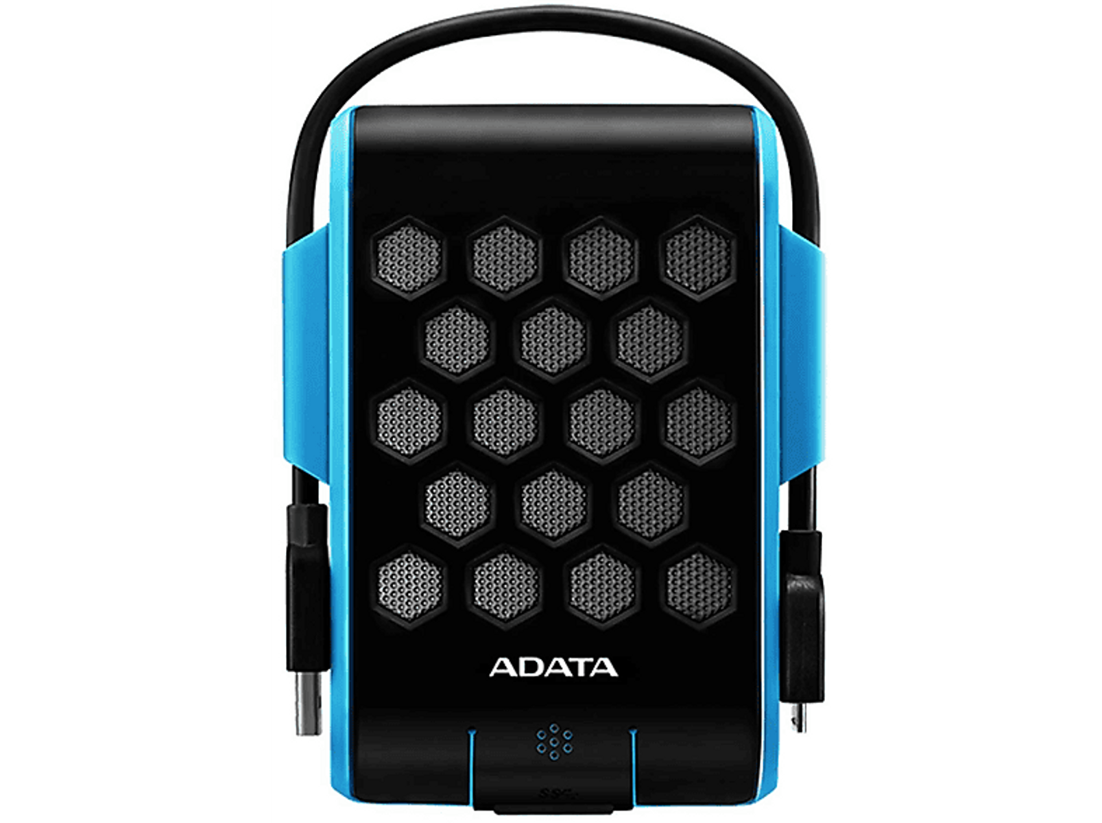 Czarny i niebieski zewnętrzny dysk twardy ADATA. Czarny kabel. Białe tło.