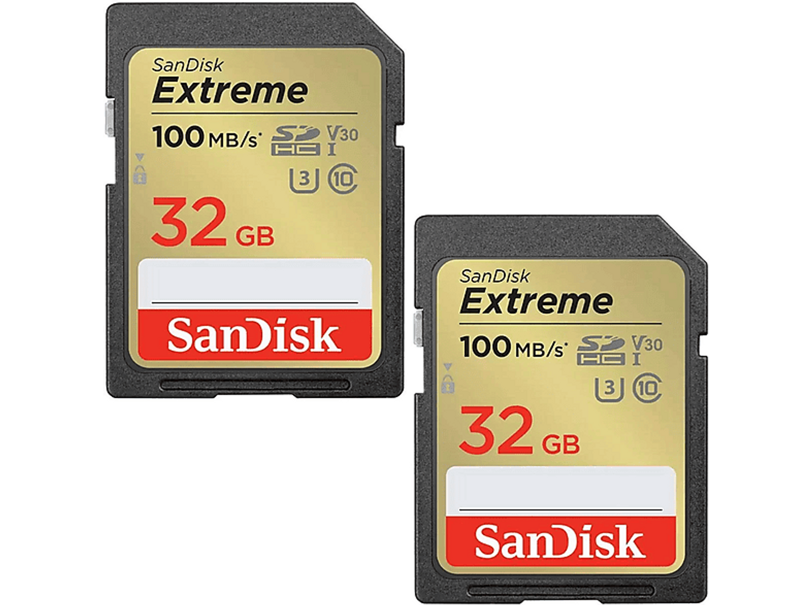 Zwei Sandisk Extreme 32GB SD-Karten. Gold mit rotem Text. Die Karten sind verpackt.