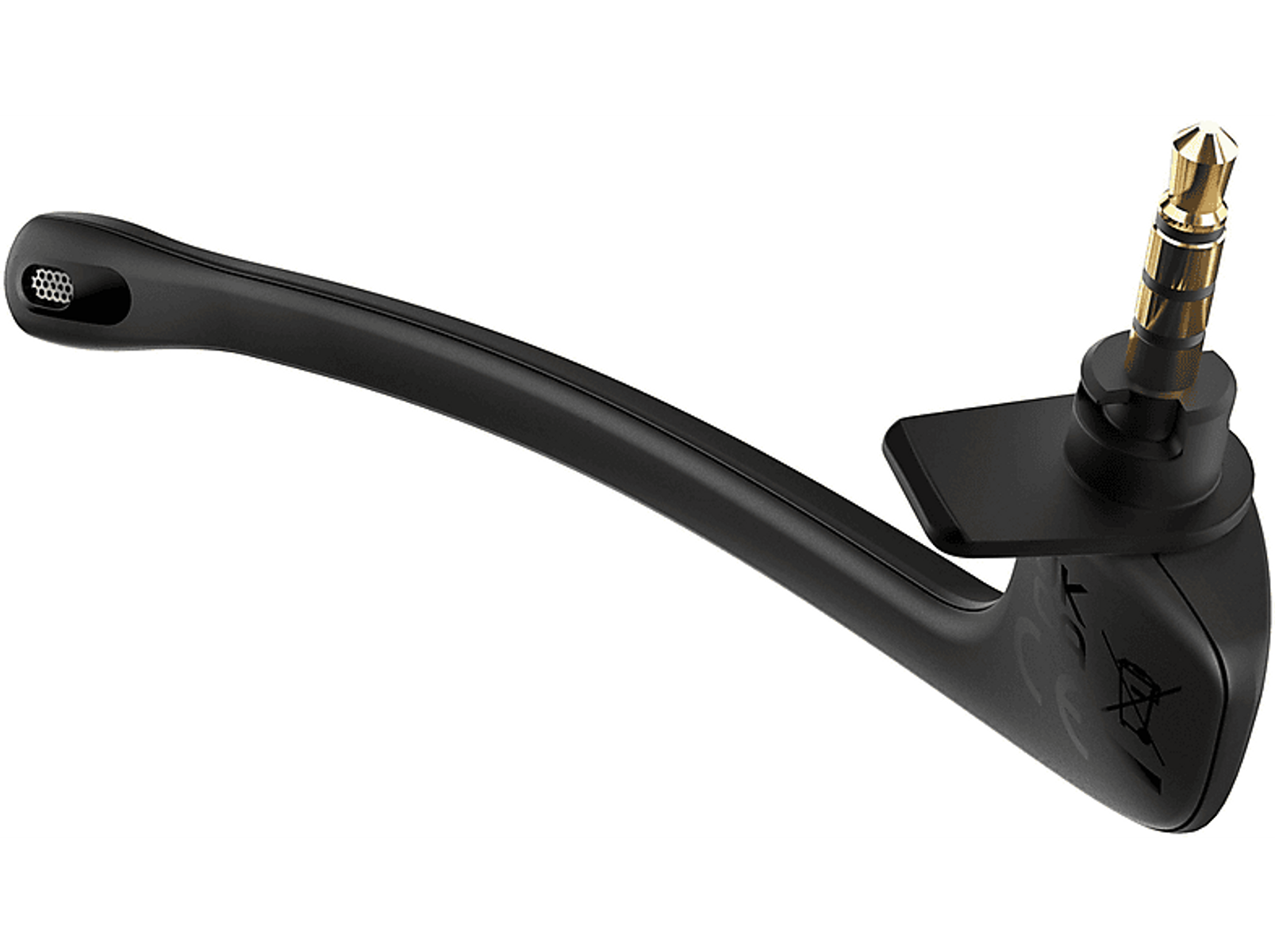 Schwarzes Mikrofon mit abgewinkeltem Arm und goldfarbenem Stecker. Weißer Hintergrund.