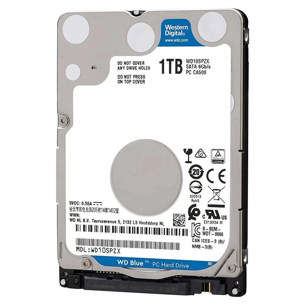 Dysk twardy WD Blue 1 TB. Etykiety z tekstem i ostrzeżeniami. Szary i srebrny.