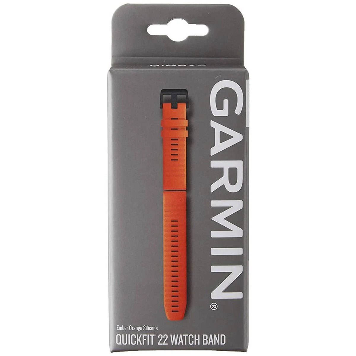 Pasek do zegarka Garmin w kolorze pomarańczowym, z pudełkiem prezentującym pasek i markę Garmin.