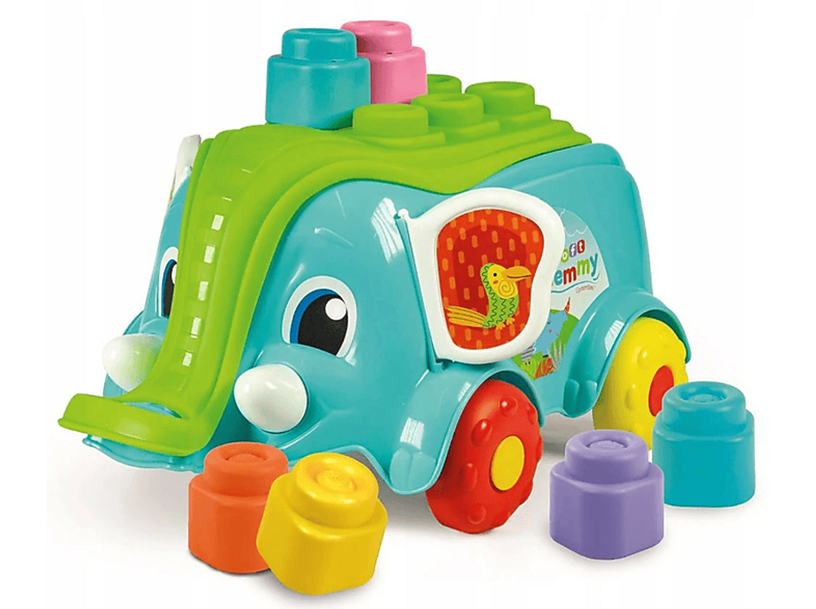 Blauer Spielzeug-Elefant mit Bauklötzen. Bunte Blöcke auf dem Rücken und drumherum.