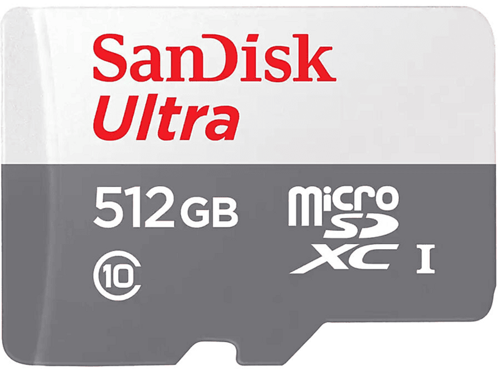 Karta MicroSD Sandisk Ultra o pojemności 512 GB, szary i biały design.