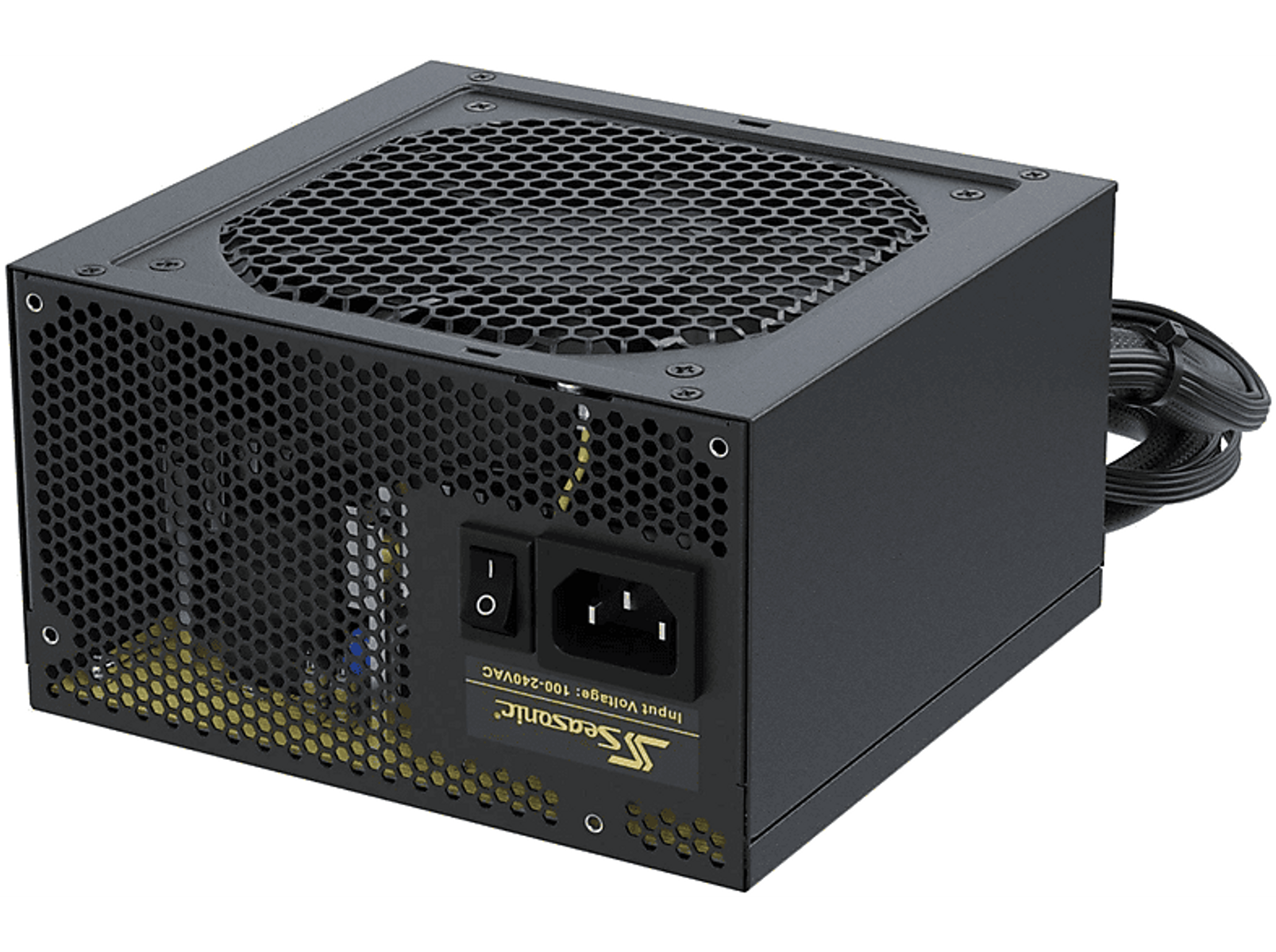 Bloc d'alimentation Seasonic noir, avec une grille en nid d'abeille sur le côté.