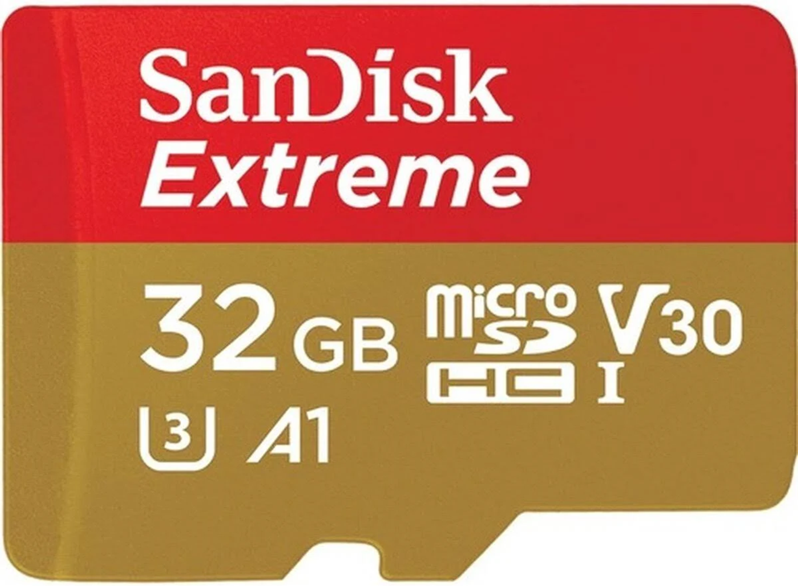 Rote und goldene SanDisk Extreme microSD-Karte, Text mit Kapazität und Geschwindigkeit.