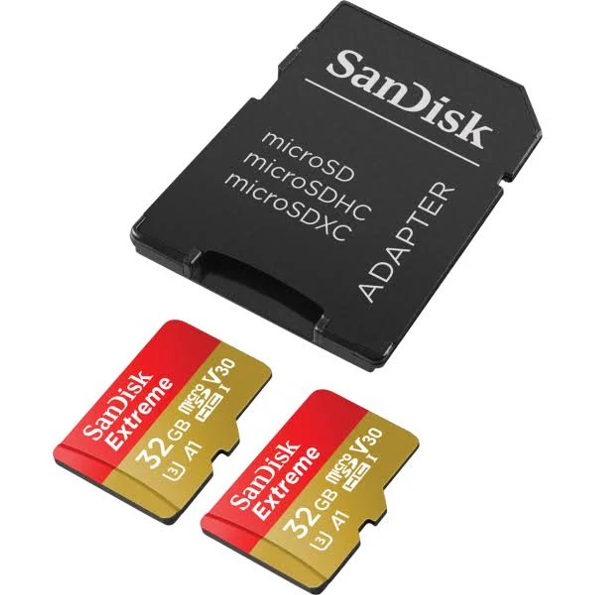 Sandisk SD-Karte mit Adapter und zwei Micro-SD-Karten. Rote und goldene Etiketten sichtbar.