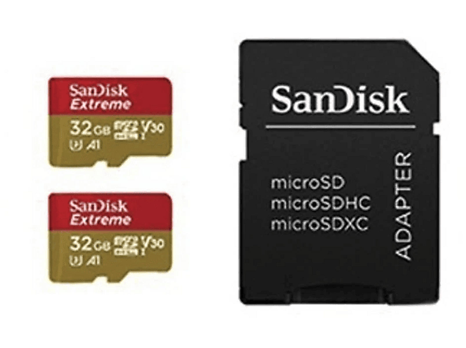 Zwei Sandisk Extreme microSD-Karten und Adapter. Rot und Gold. Weißer Hintergrund.