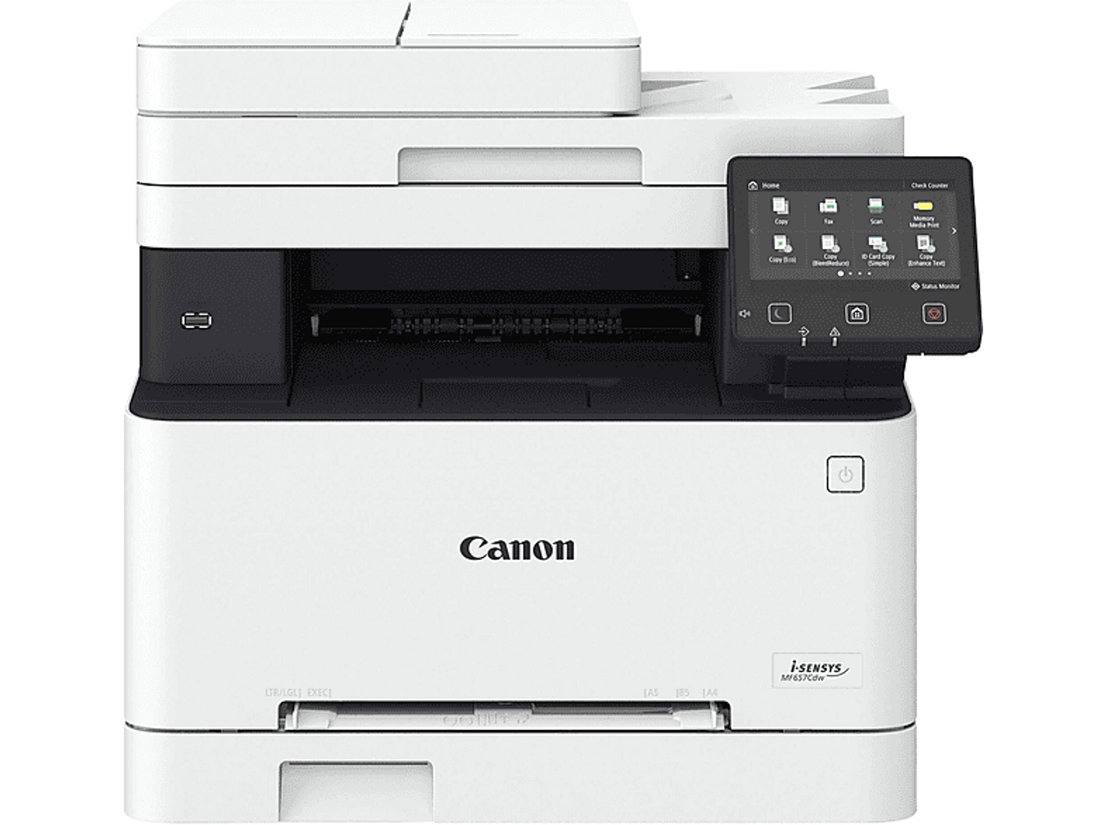 Biała drukarka Canon i-SENSYS MF651Cw odizolowana na białym tle.