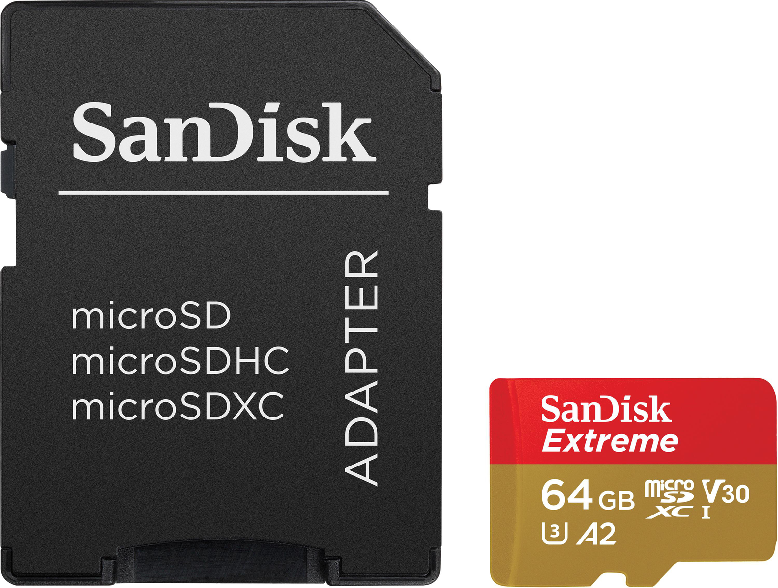 Scheda microSD e adattatore Sandisk. La scheda è rossa/oro, 64 GB. L'adattatore è nero.