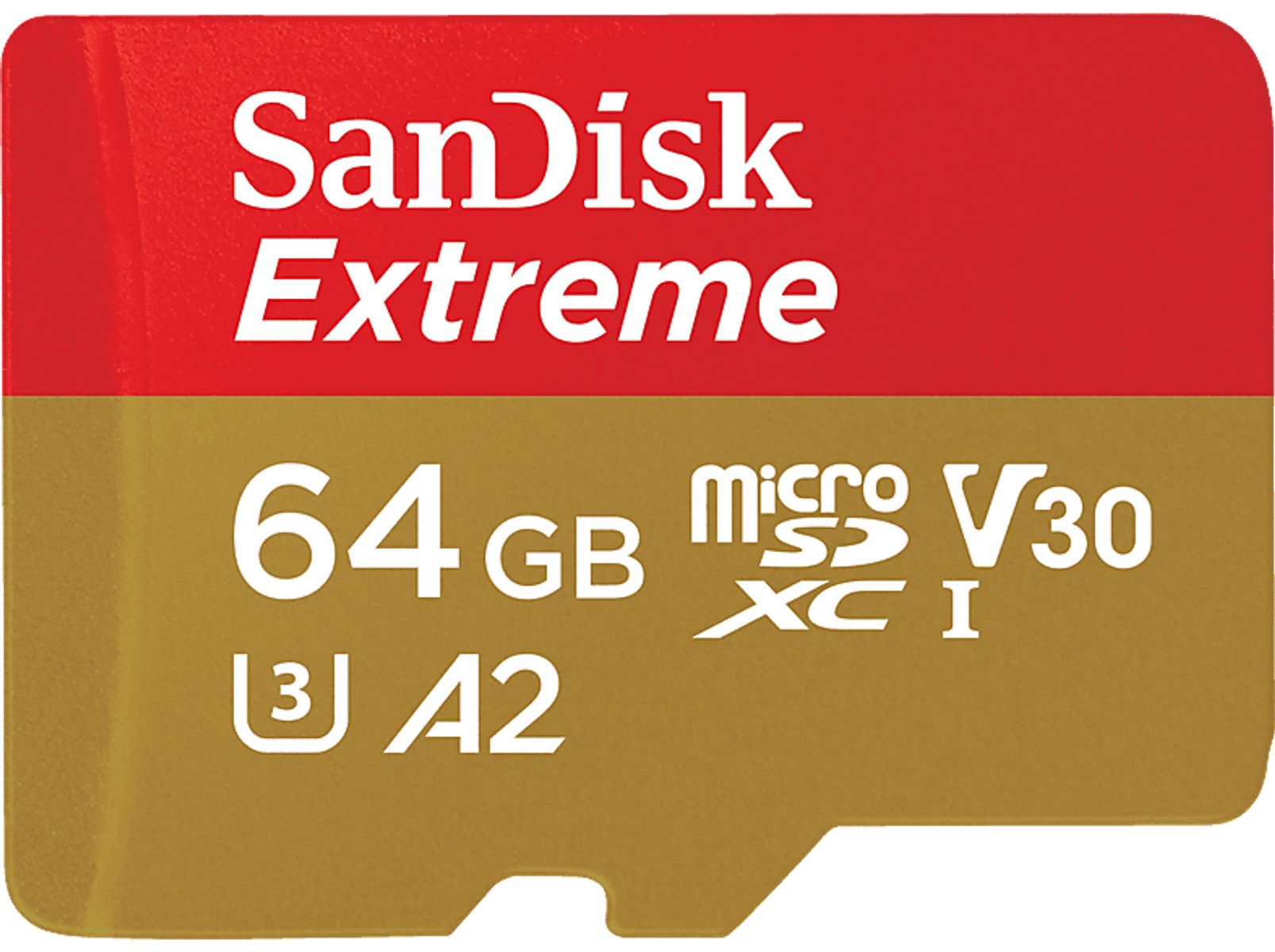 Scheda microSD SanDisk Extreme. Confezione rossa e oro. Capacità 64GB. Testo e logo visibili.