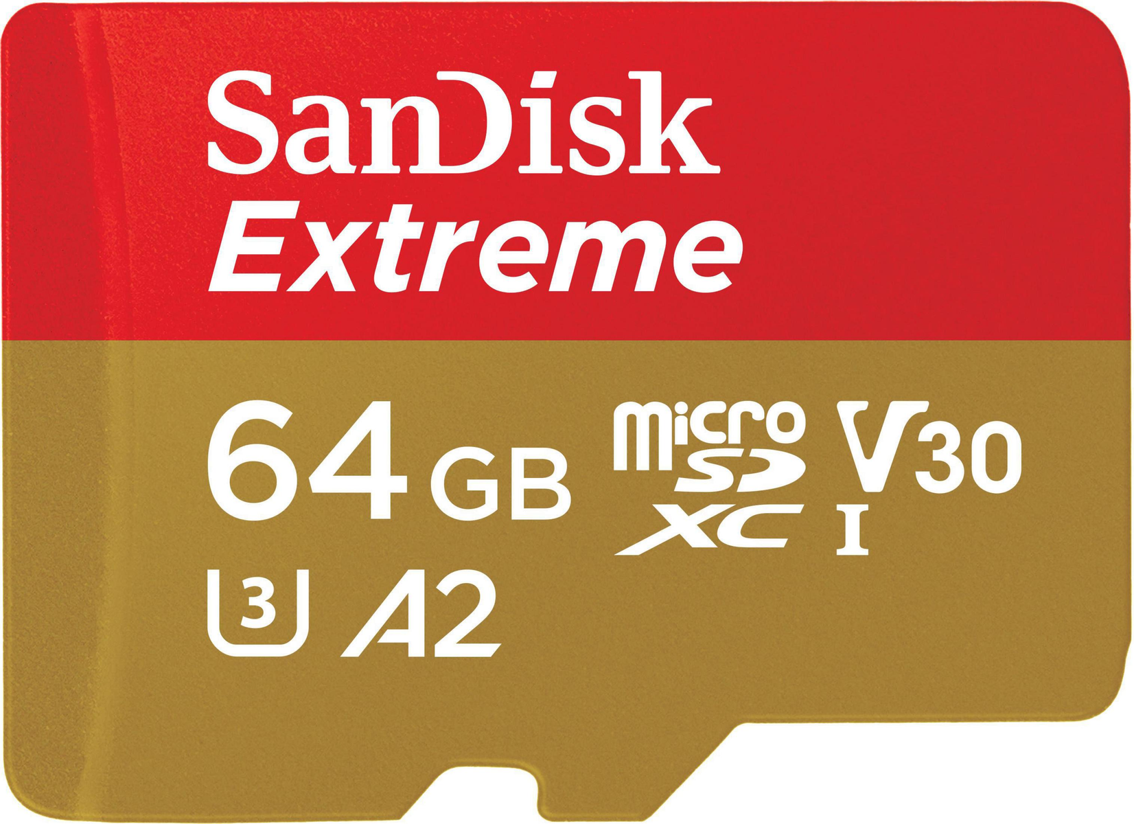 Scheda microSD rossa e oro. Etichetta SanDisk Extreme. Marchi 64GB, A2, V30 e XC I.