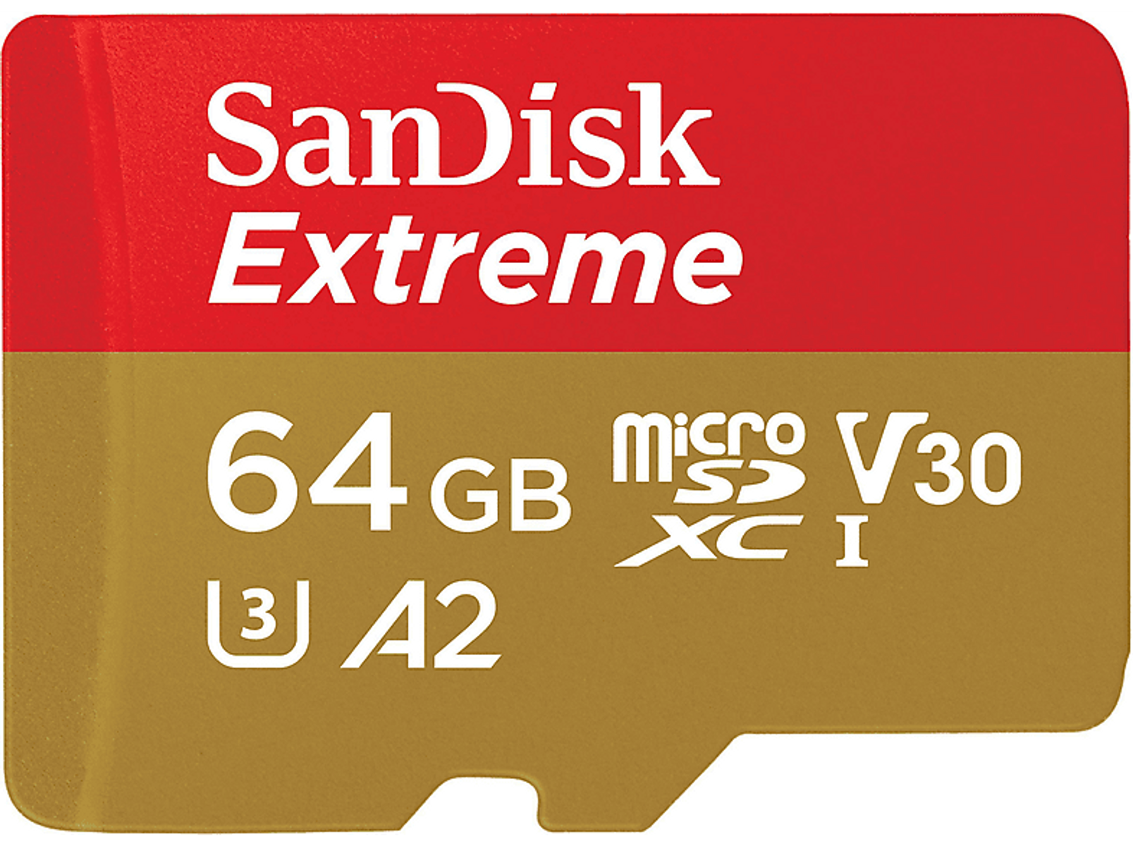 Scheda microSD SanDisk Extreme rossa e oro. Il testo include 64 GB, MicroSDXC I, A2 e V30.