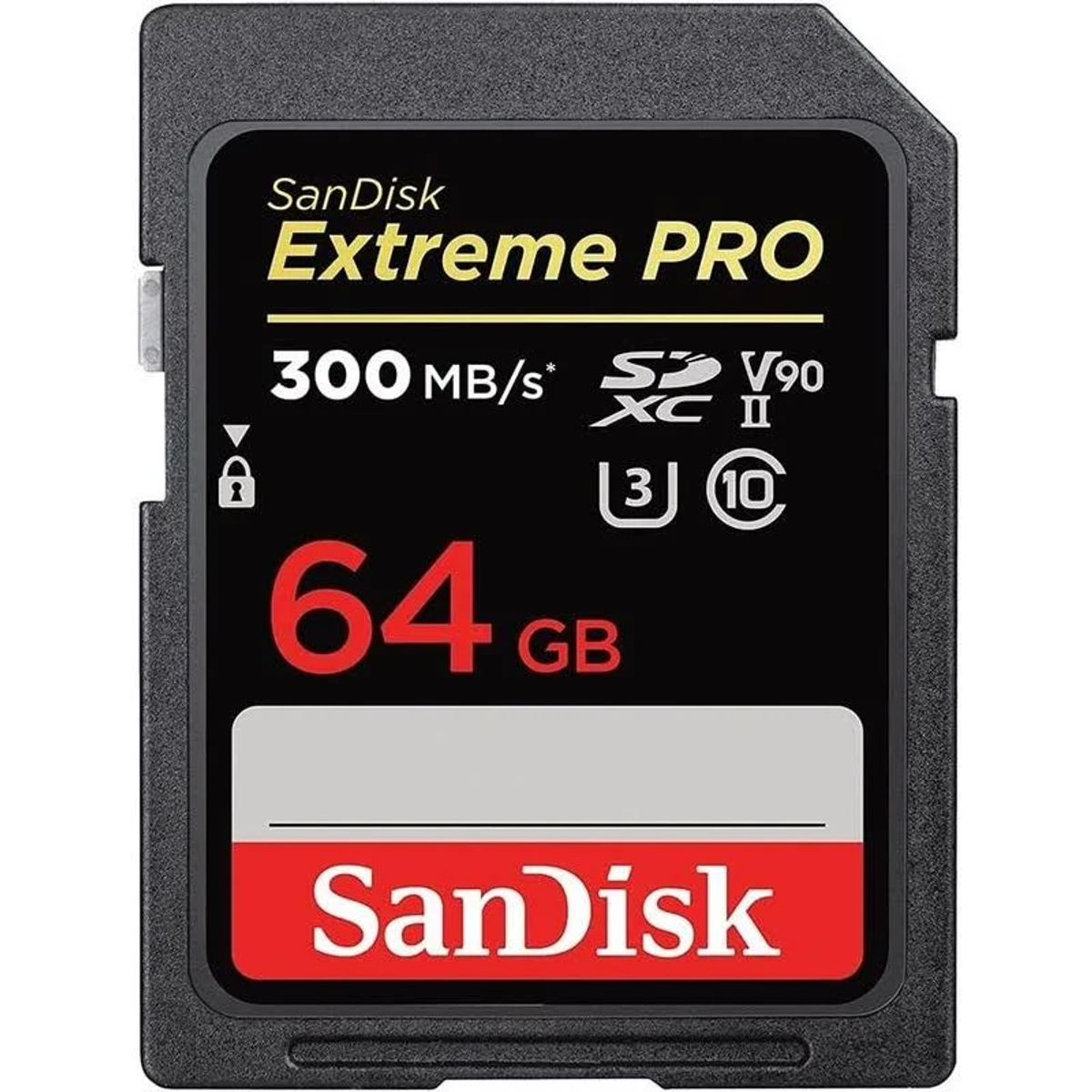 Tarjeta SD SanDisk Extreme Pro negra y roja, con 64 GB y otros detalles.
