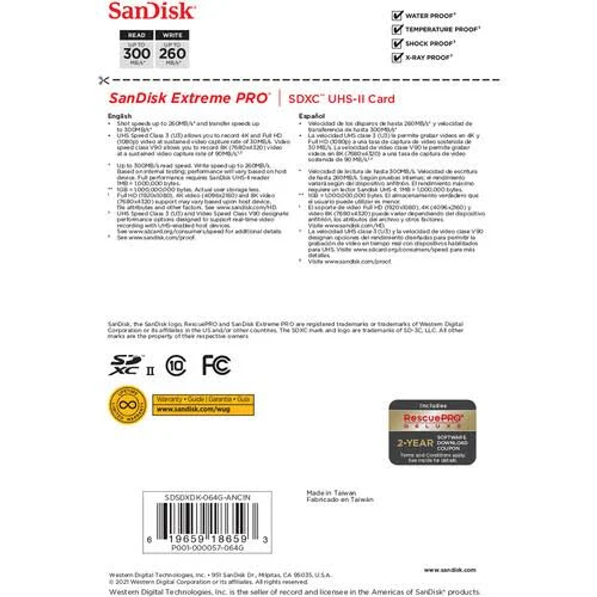 Embalaje blanco y negro con texto sobre una tarjeta SD Sandisk Extreme PRO.