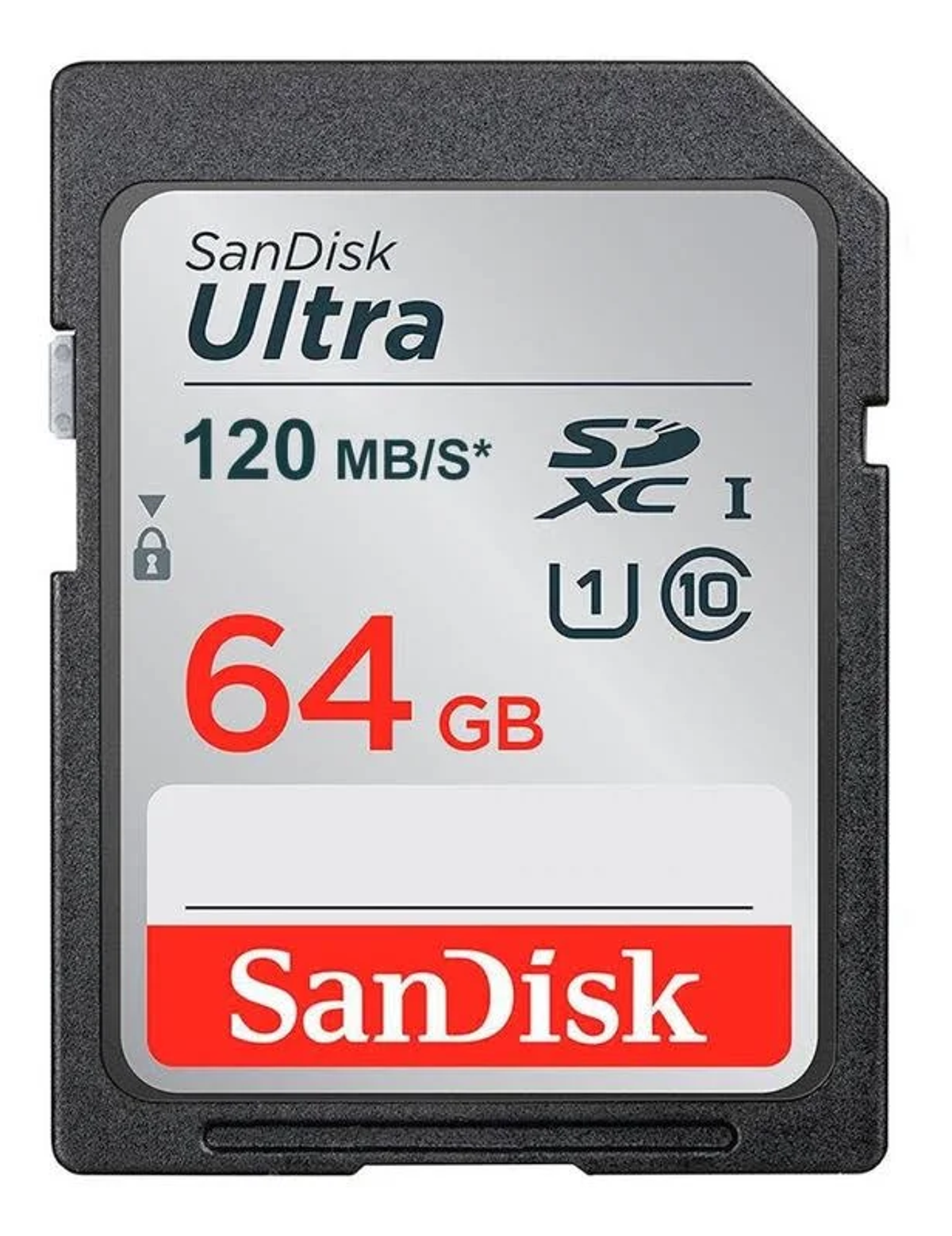Tarjeta SD SanDisk Ultra negra y gris. Muestra '64 GB' y '120 MB/S'. El logo de SanDisk es rojo.