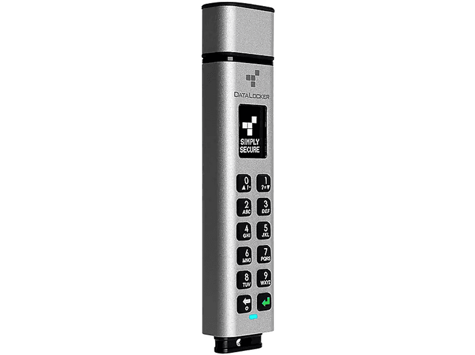 Srebrny zaszyfrowany pendrive DataLocker. Ma klawiaturę i mały ekran.