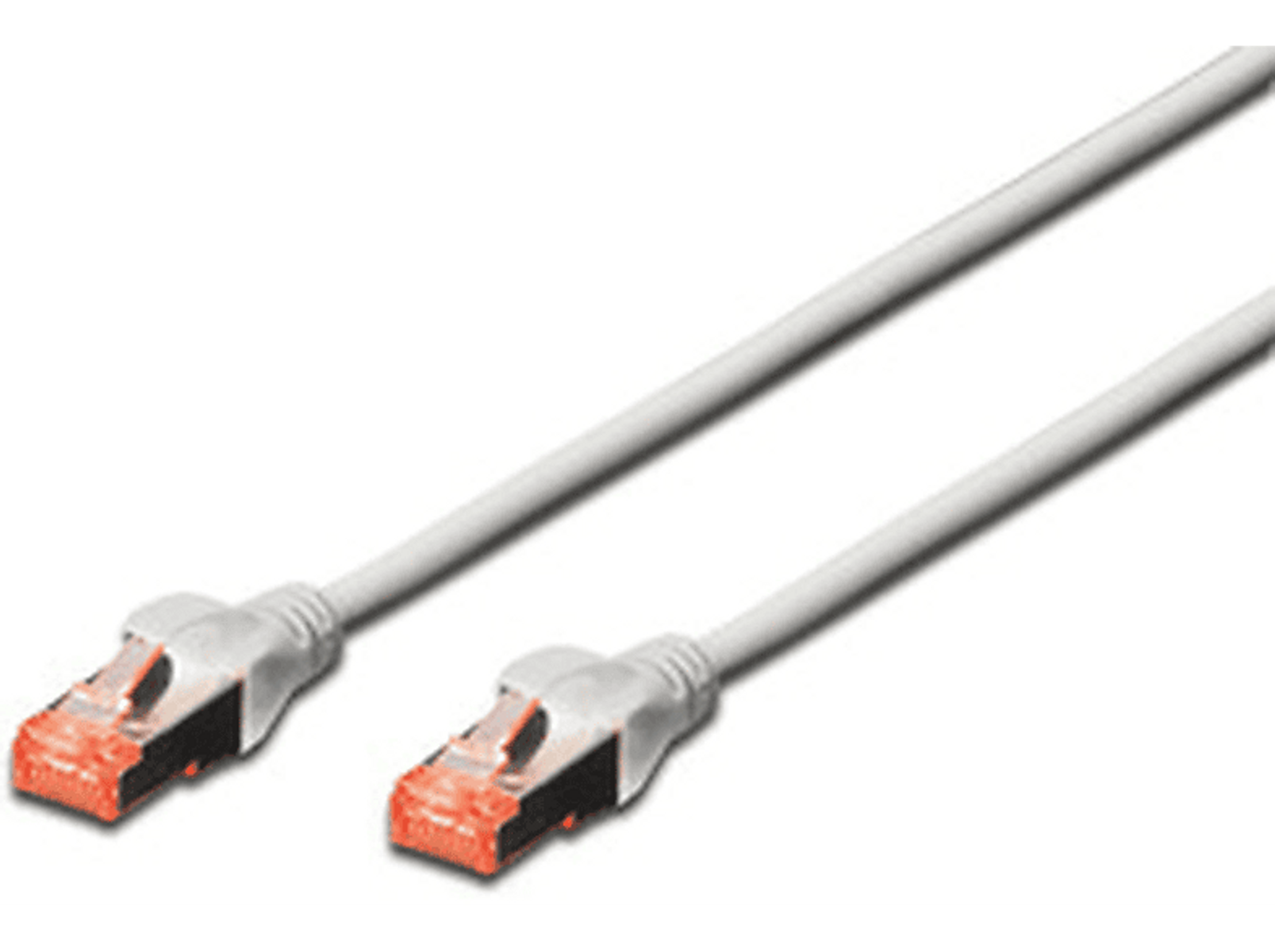 Dwa białe kable sieciowe z szarymi złączami i pomarańczowymi wnętrzami.