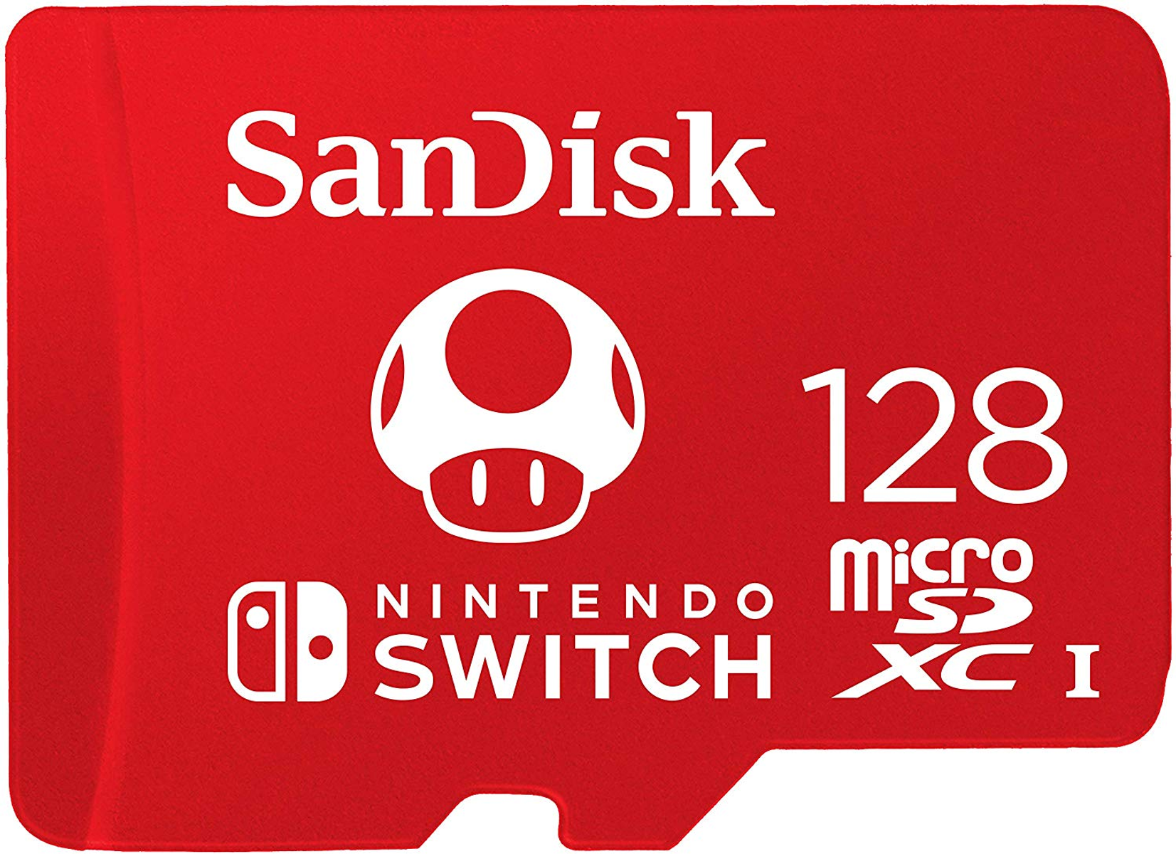 Una scheda Micro SD SanDisk rossa con un logo Nintendo Switch e un'icona a fungo.