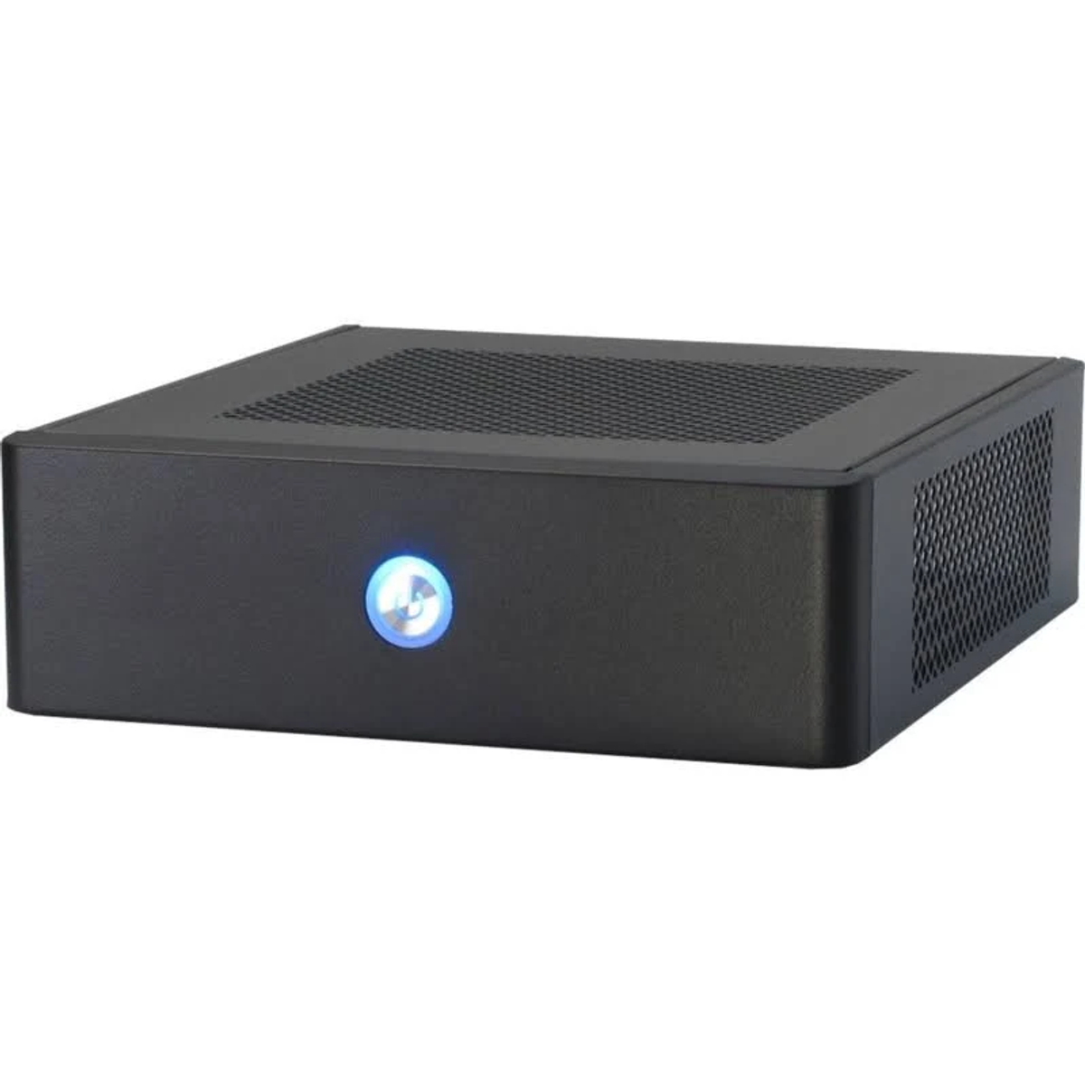 Czarny mini PC z niebieskim przyciskiem zasilania i otworami wentylacyjnymi, na białym tle.