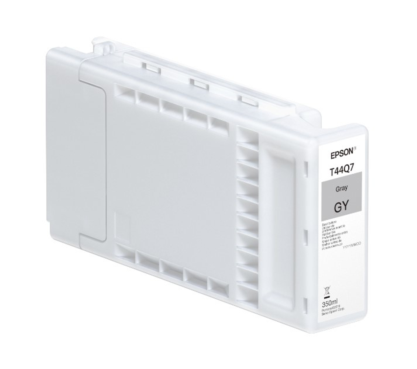 Biały wkład atramentowy z etykietą 'Epson T44Q7 GY' z szarą sekcją i pojemnością 350ml.