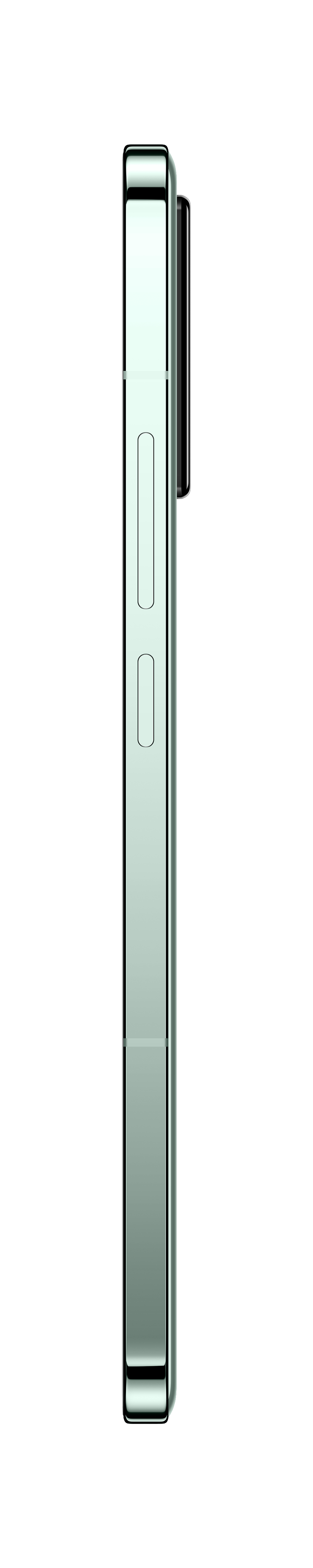 Vue latérale d'un téléphone vert clair. Les boutons sont visibles, fond blanc.