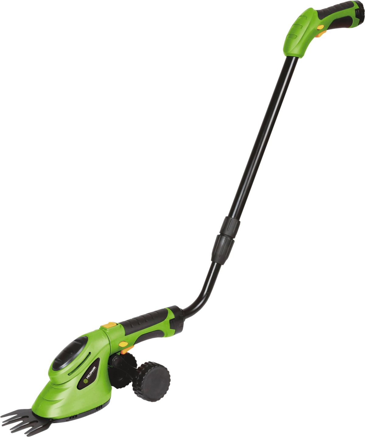 Grüner elektrischer Rasenkantenschneider mit langem Griff und Rädern. Schwarze und grüne Akzente.