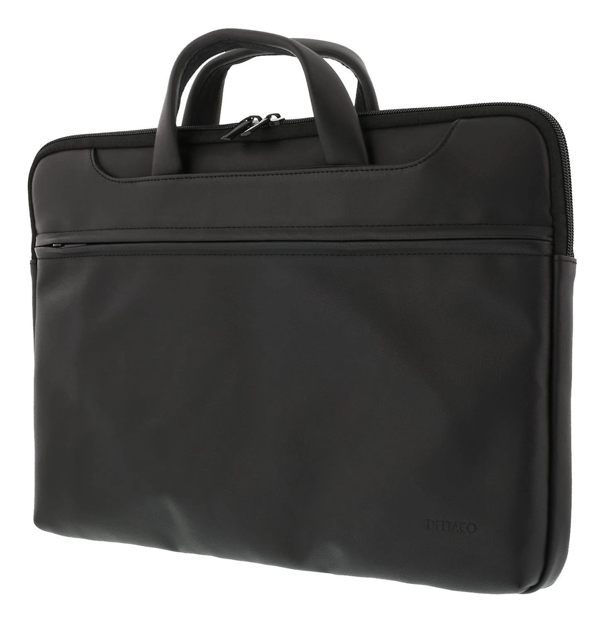 Borsa per laptop nera con manico e cerniera. La borsa ha il marchio DETTACO.