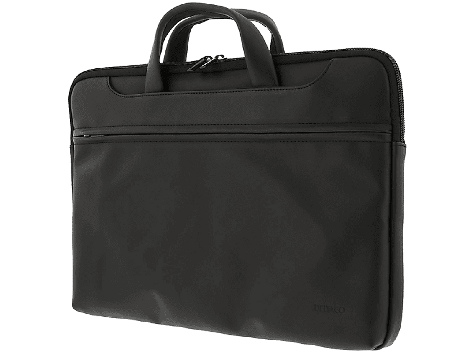 Una borsa per laptop nera. Ha un manico, una cerniera e il logo Deltaco.