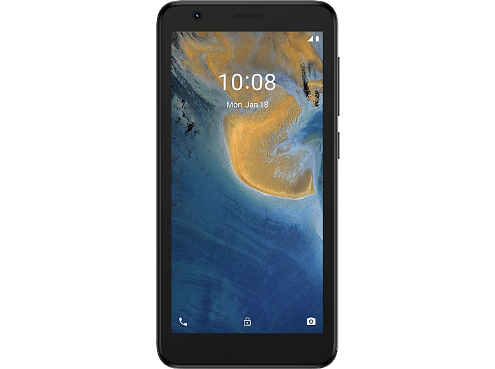 Ein schwarzes Smartphone zeigt die Uhrzeit, mit einem Landschaftsbild auf dem Bildschirm.