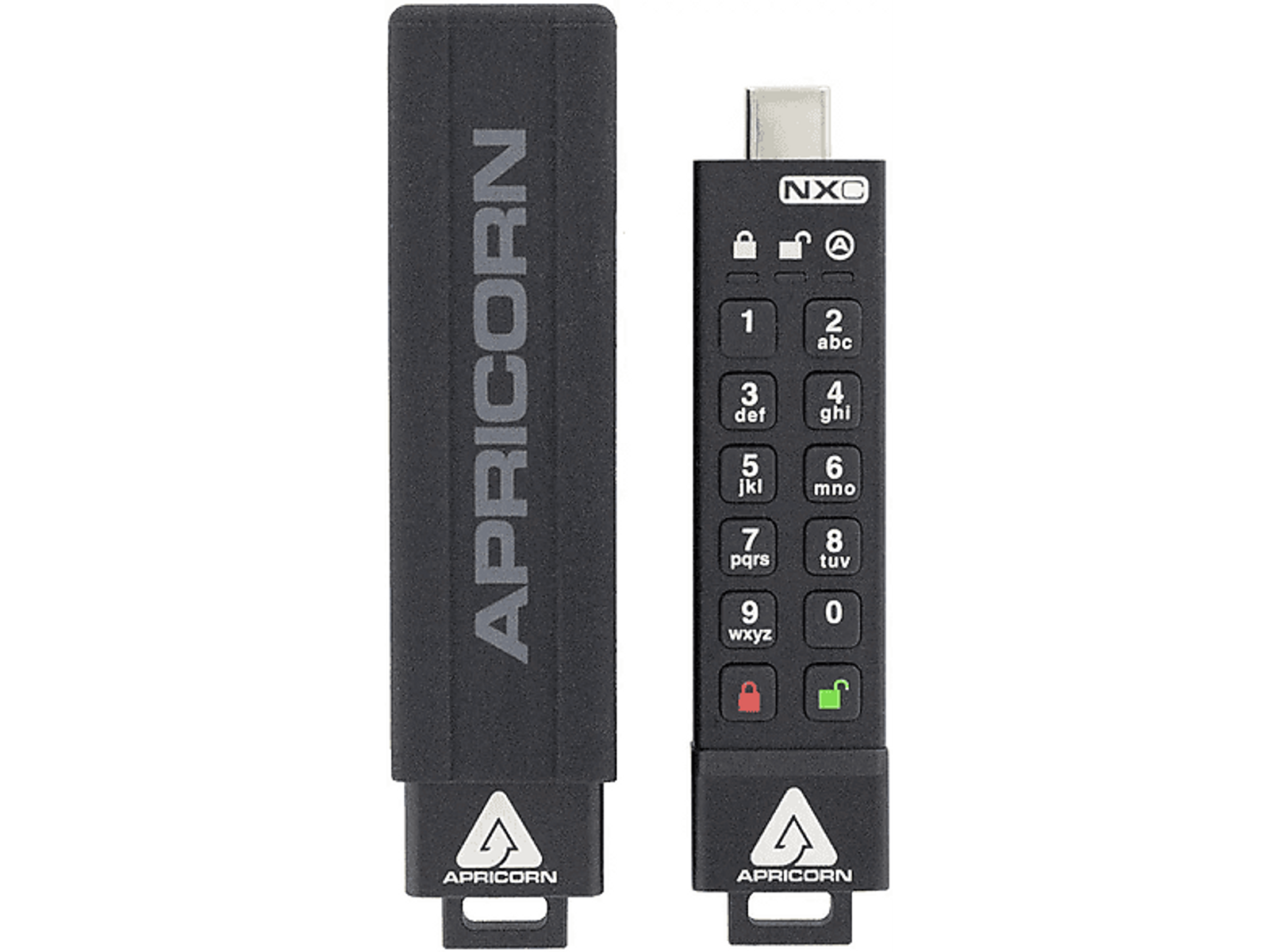 Twee zwarte Apricorn versleutelde USB-drives, één met toetsenbord, één met een dop.