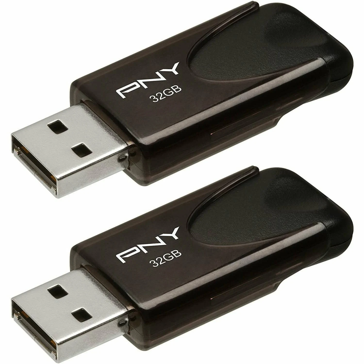 Zwei PNY 32GB USB-Laufwerke. Schwarz, rechteckig mit USB-Anschluss. PNY-Logo und Kapazitätsbeschriftung.