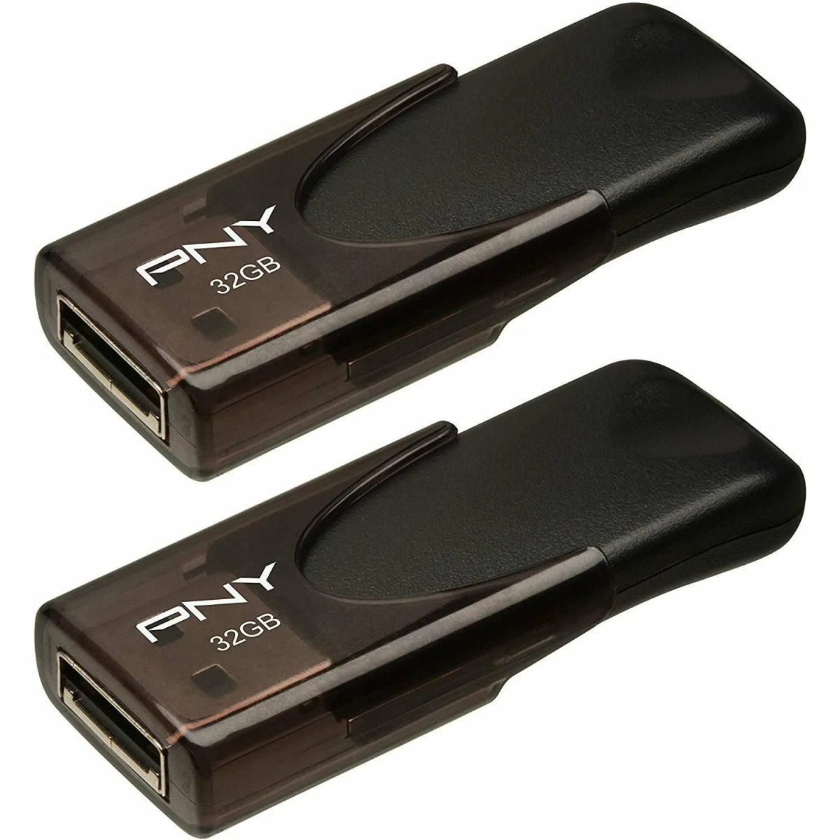Zwei schwarze und transparente USB-Flash-Laufwerke mit der Aufschrift 'PNY 32GB'.